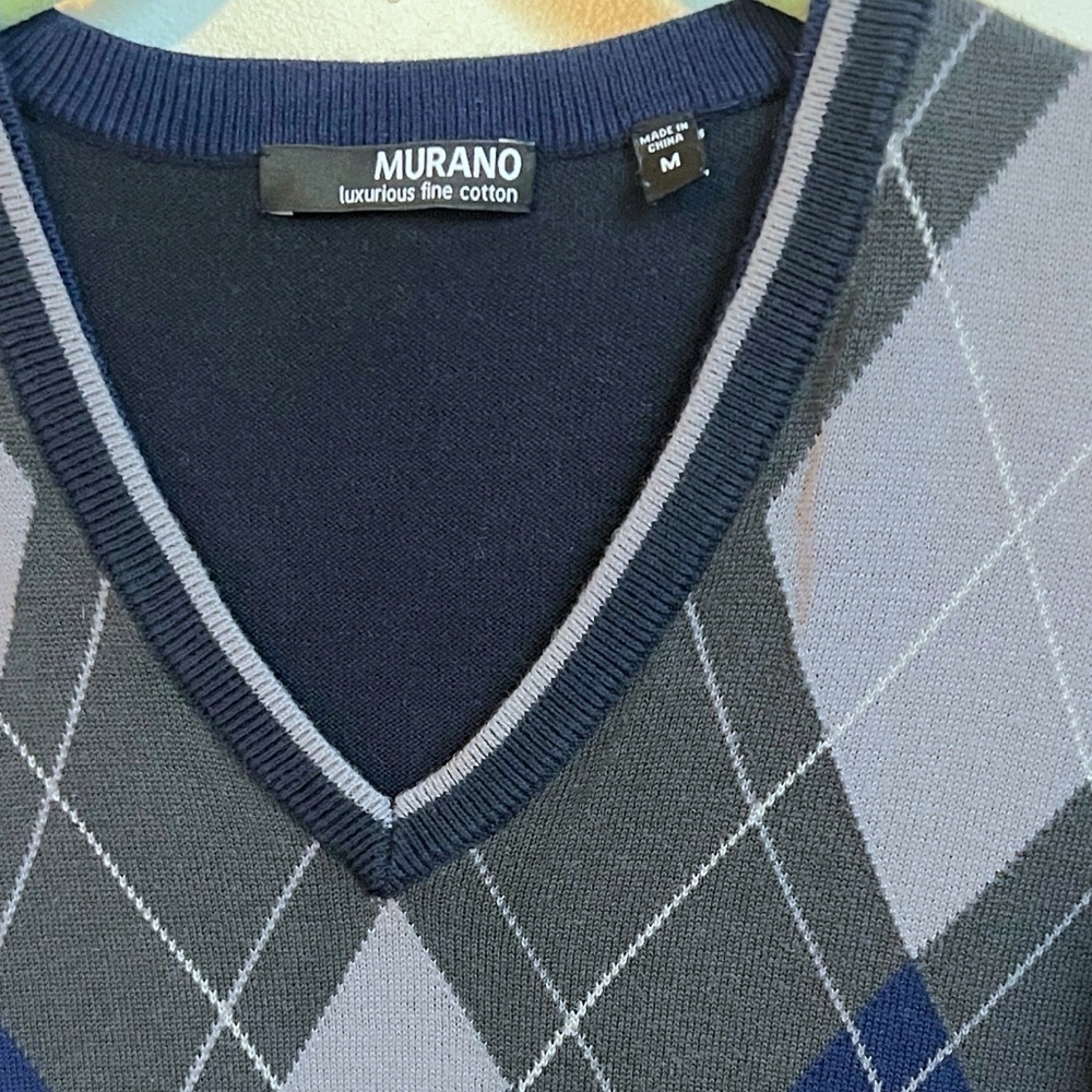 Murano Luxurious Fine Cotton Men’s V Neck Argyle Sweater Blue Gray Pullover M - Picture 4 of 6